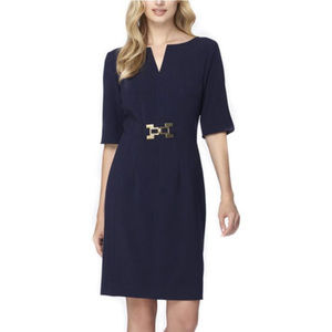 Tahari - Split Neck Double Woven Sheath - Navy - 6